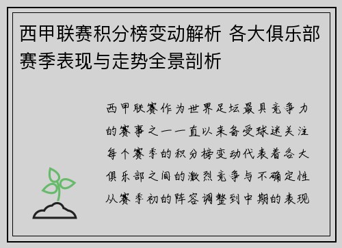 西甲联赛积分榜变动解析 各大俱乐部赛季表现与走势全景剖析
