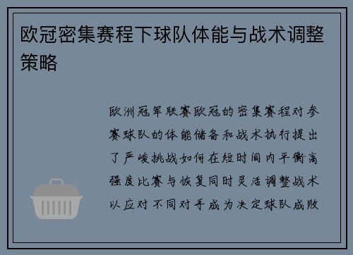 欧冠密集赛程下球队体能与战术调整策略