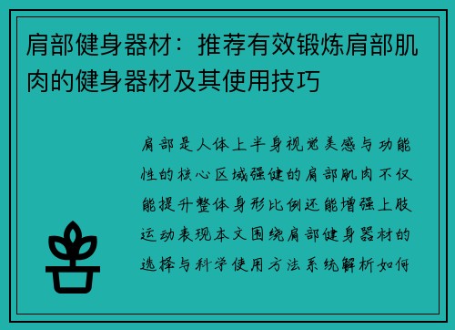 肩部健身器材：推荐有效锻炼肩部肌肉的健身器材及其使用技巧