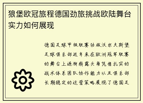 狼堡欧冠旅程德国劲旅挑战欧陆舞台实力如何展现